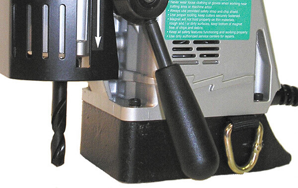 Jancy Magforce Drill #06920 Jancy Magnetic Drill #06920 Close up of bottom with drill bit in frame that can drill 2 inches deep and is 1 3/8 inches big
